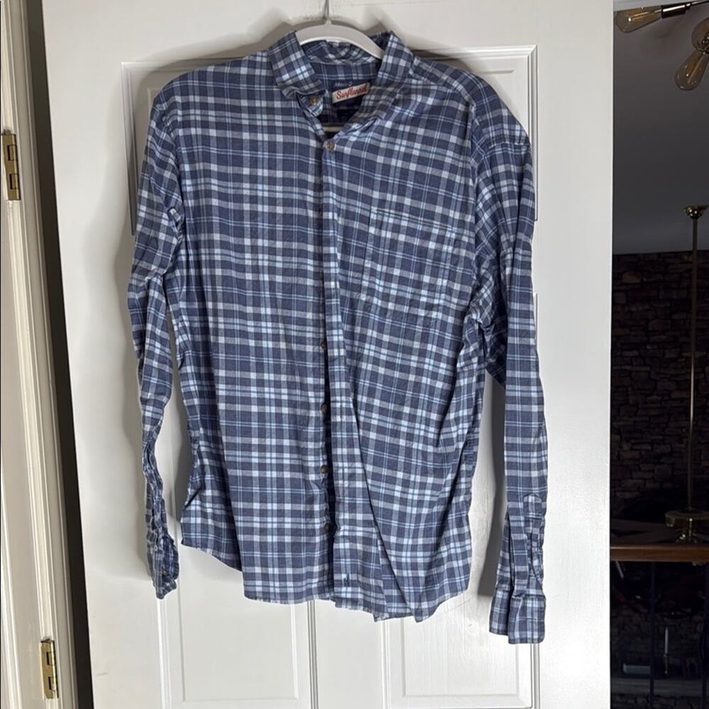 johnnie-O Blue and White Plaid Casual Shirt. Surflannel. Large